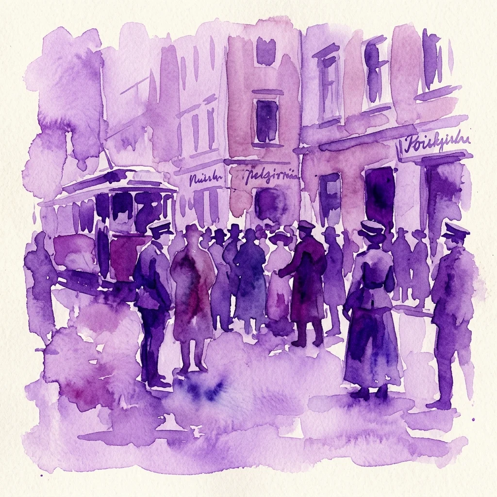 Una ilustración en acuarela púrpura de una escena callejera con personas, un tranvía y edificios, que evoca la Polonia de principios del siglo XX.