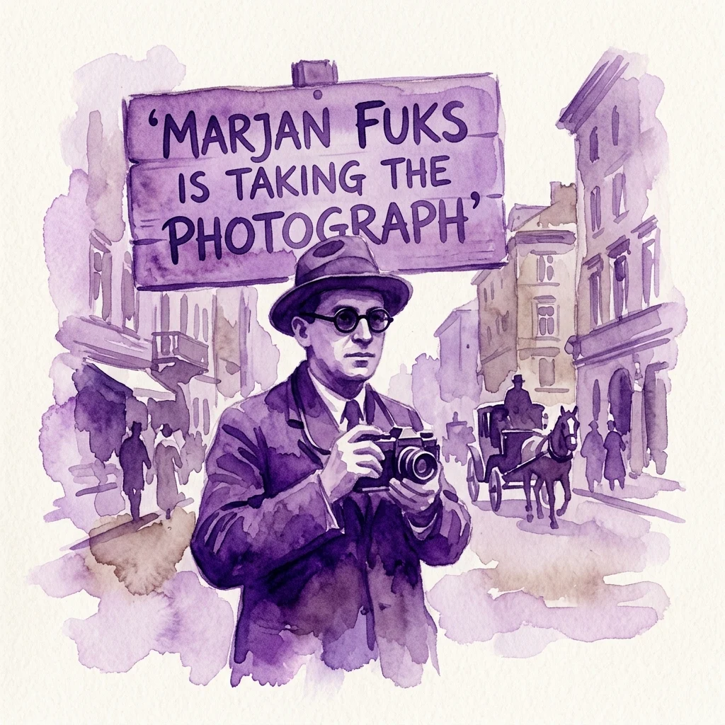 Ilustracja akwarelowa Marjan Fuks, fotoreporterki, trzymającej aparat fotograficzny z napisem „MARJAN FUKS ROBI ZDJĘCIE” w scenerii vintage warszawskiej ulicy.