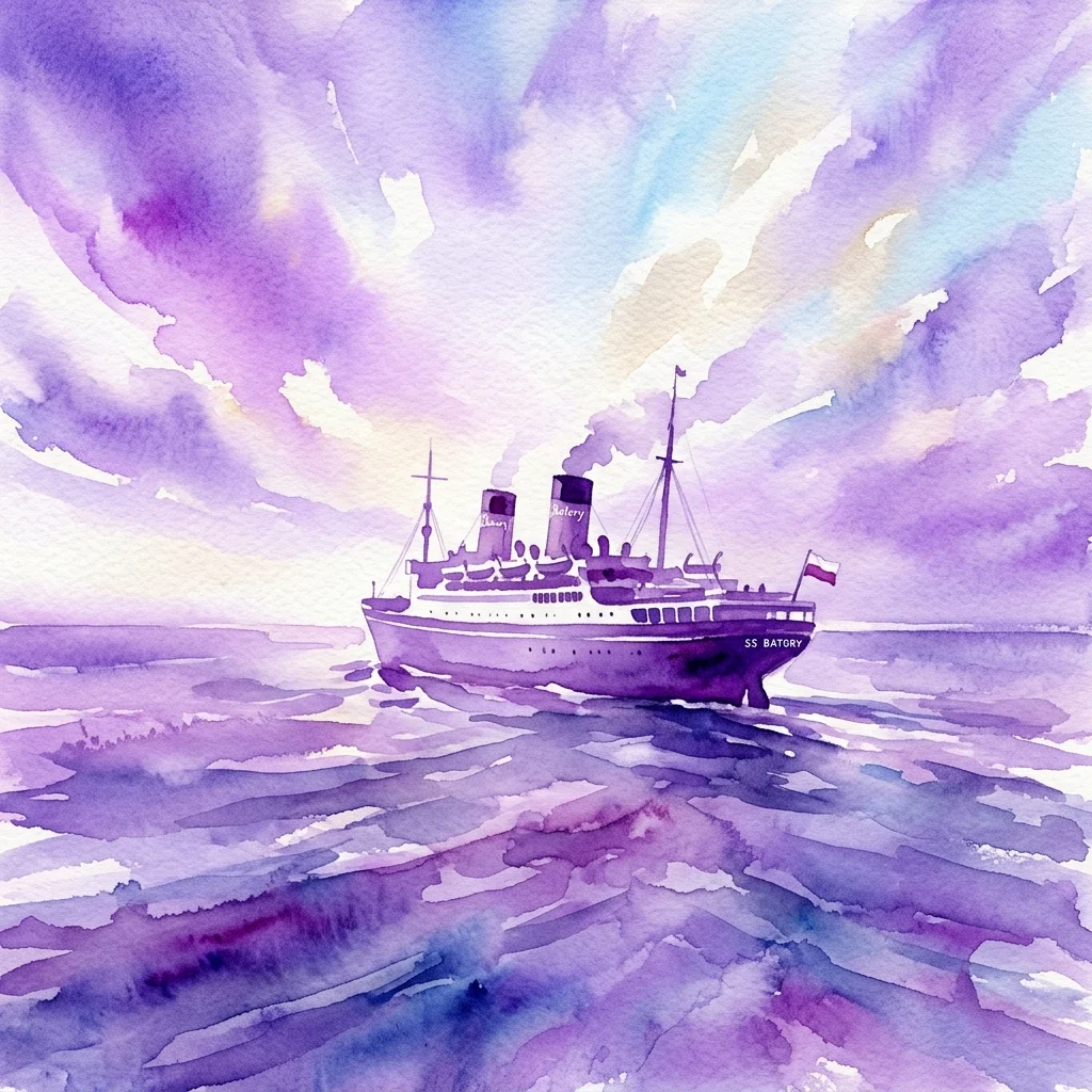 A watercolor painting of the SS Batory ocean liner sailing on the sea under a purple and blue sky, evoking a sense of journey and emigration.