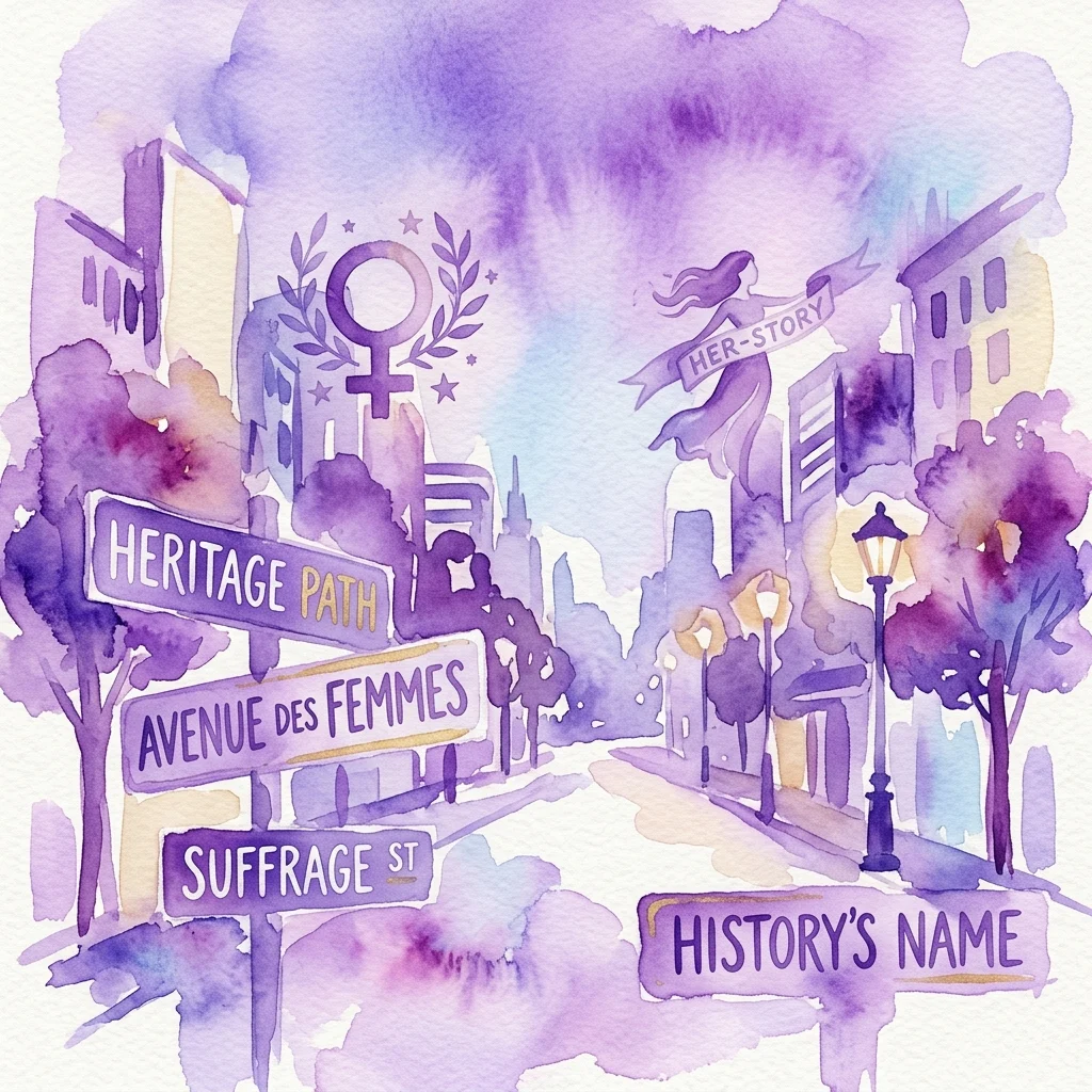 Waterverfillustratie van een stadsstraat met straatnaamborden met feministische thema's, waaronder 'Heritage Path', 'Avenue des Femmes', 'Suffrage St' en 'History's Name', met een vrouwelijk symbool en een standbeeld met een 'Her-Story' spandoek.