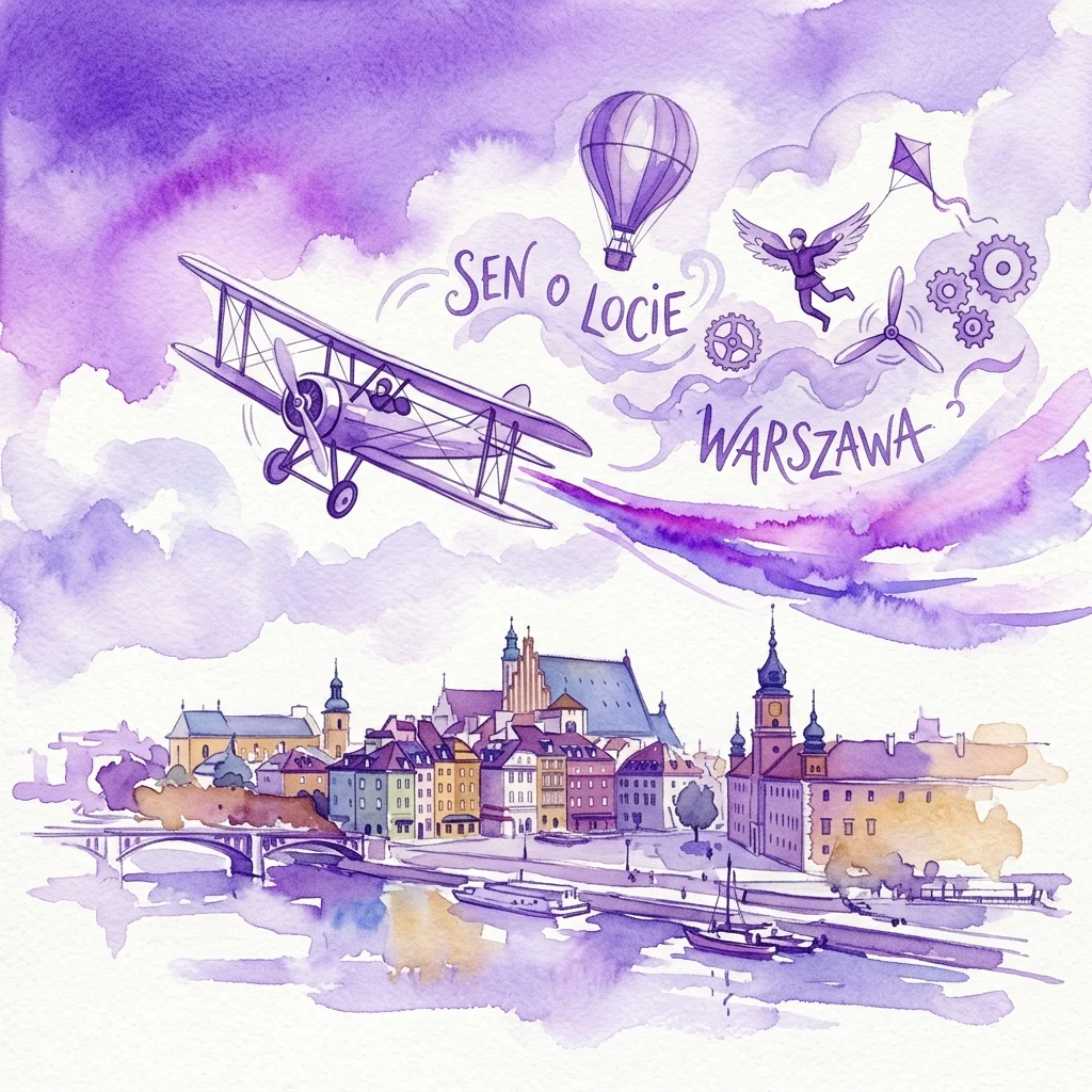 A watercolor illustration of a vintage biplane flying over Warsaw's historic skyline, with text reading 'Sen o locie Warszawa' and symbols of aviation like a hot air balloon and gears.