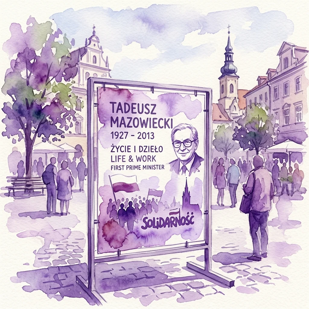 Waterverfillustratie van een buitenexpositiebord over Tadeusz Mazowiecki (1927-2013), de eerste premier van Polen, met zijn portret, leven en werk, en het woord 'Solidarnosc' op een plein.