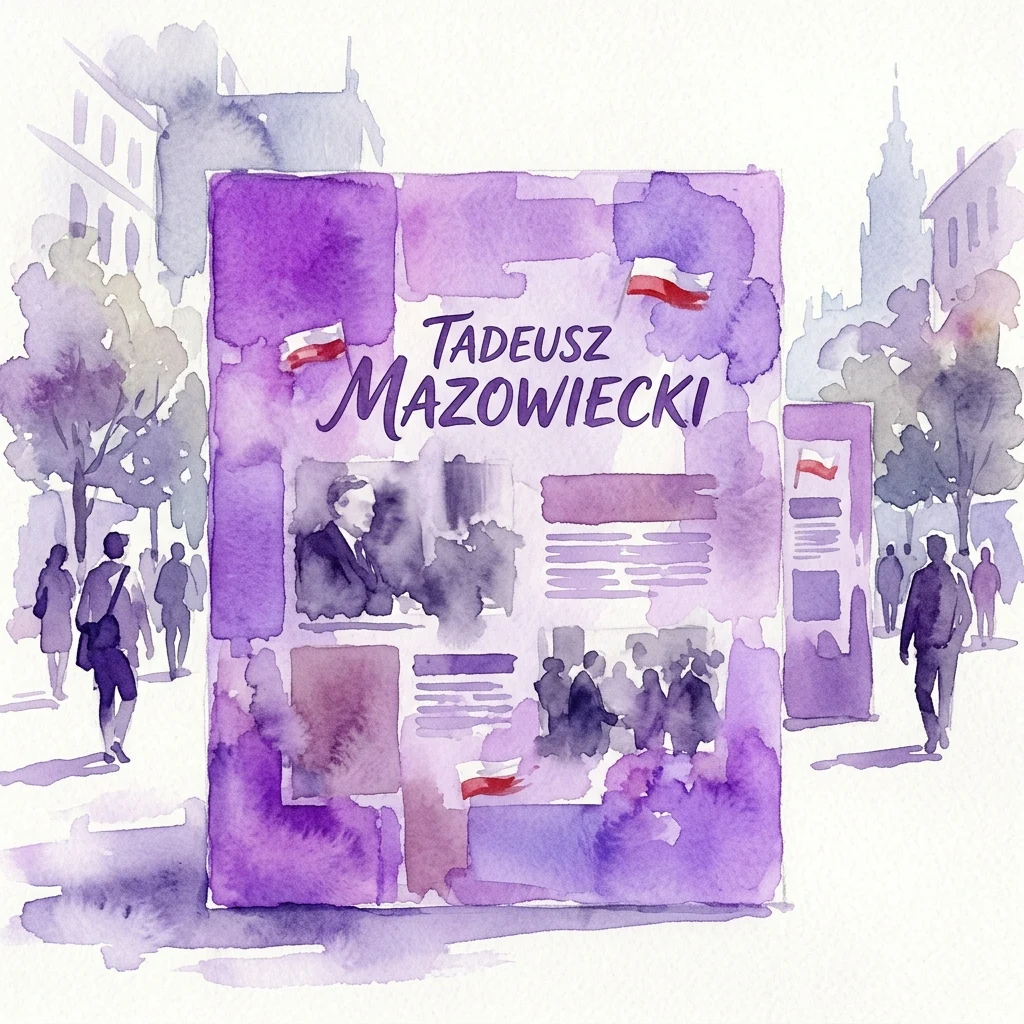 Panel de exposición al aire libre sobre Tadeusz Mazowiecki, una figura política polaca, con su nombre, fotografías y contexto histórico en un estilo de acuarela púrpura.