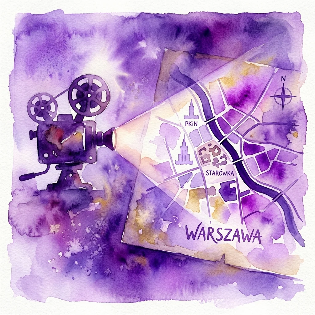 Un proyector de cine antiguo proyecta un haz de luz sobre un mapa de acuarela de Varsovia, destacando lugares emblemáticos como el PKiN y Starówka, simbolizando la historia cinematográfica de la ciudad.