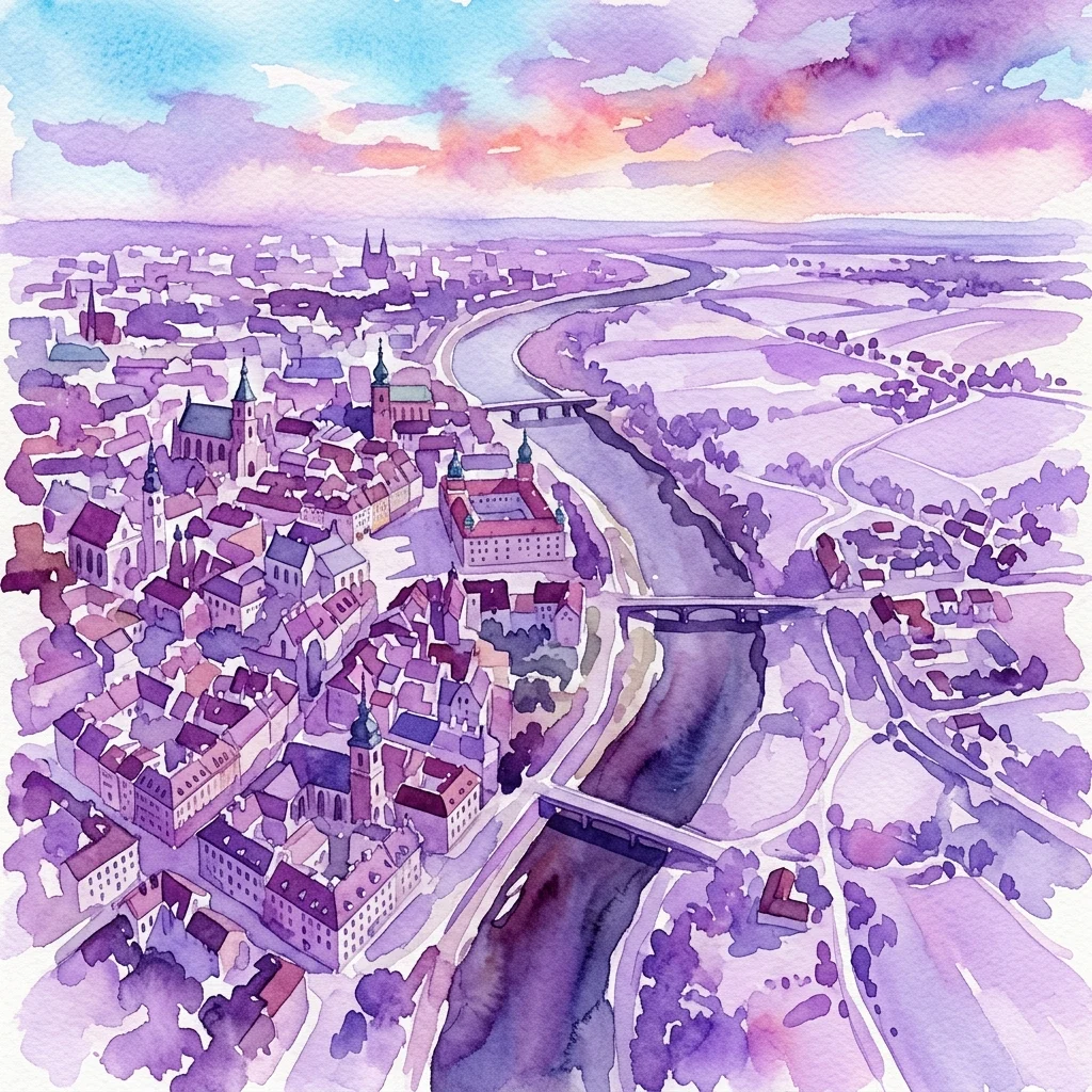 Una ilustración en acuarela de Varsovia desde una vista aérea, que muestra edificios históricos, el río Vístula y campos circundantes, evocando la ciudad en la víspera de la independencia polaca.