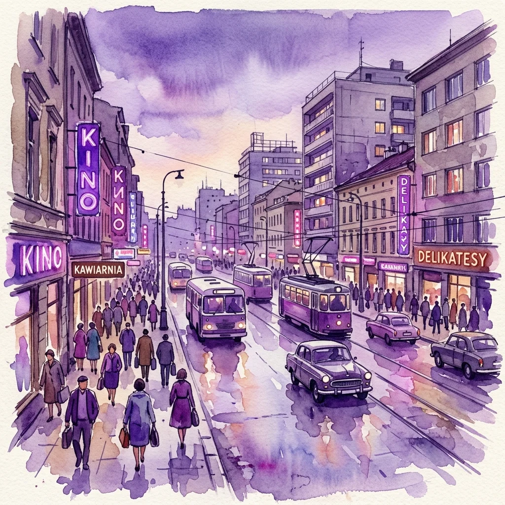 Ilustracja akwarelowa warszawskiej sceny ulicznej z lat 60. z tramwajami, autobusami, samochodami i pieszymi, z neonami 'KINO' i 'DELIKATESY' na budynkach, oddająca powojenny klimat miejski.