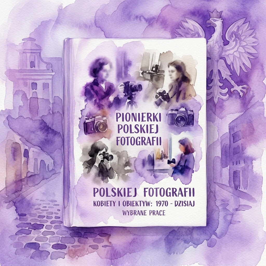 Cubierta del libro titulada 'Pionierki Polskiej Fotografii' que presenta ilustraciones en acuarela de fotógrafas con cámaras, sobre un fondo de acuarela púrpura con elementos arquitectónicos polacos y un emblema de águila.