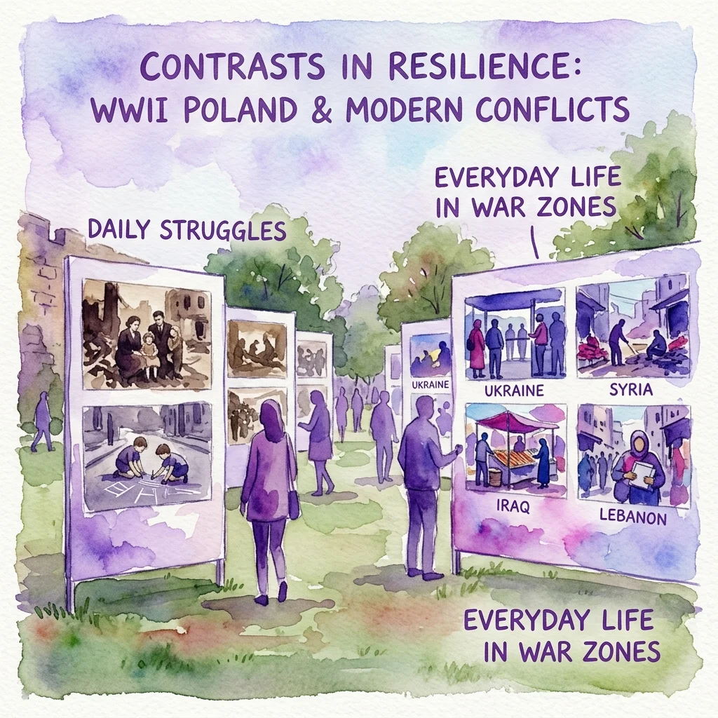 Waterverfillustratie van een buitententoonstelling getiteld 'Contrasts in Resilience: WWII Poland & Modern Conflicts', met panelen over de dagelijkse strijd en het dagelijks leven in oorlogsgebieden, waaronder Oekraïne, Syrië, Irak en Libanon.