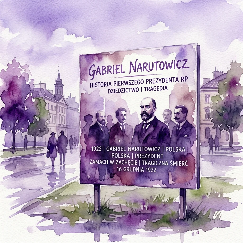 Watercolor illustration of an outdoor exhibition panel in Warsaw about Gabriel Narutowicz, the first president of Poland, detailing his assassination in 1922 and his legacy as a scientist and politician.
