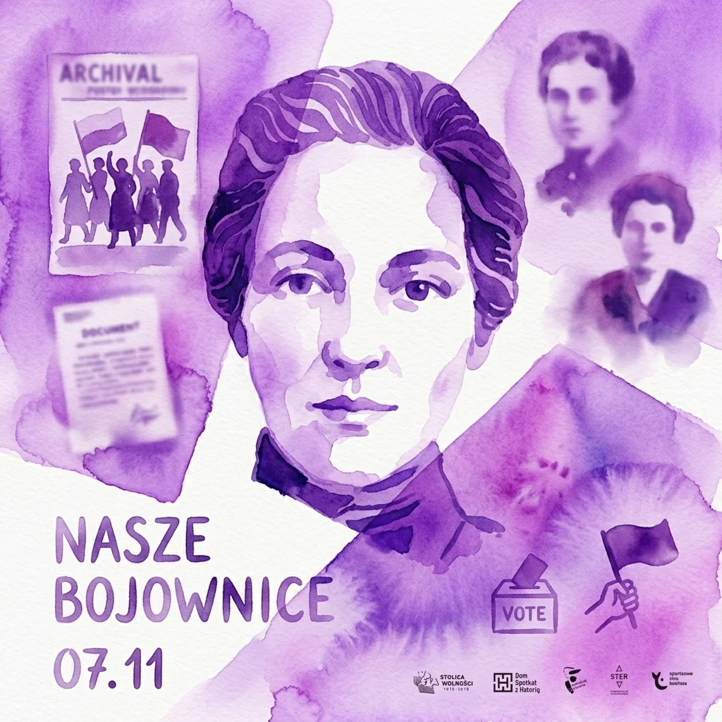 Een paarse aquarelillustratie ter herdenking van de 100ste verjaardag van het Poolse vrouwenkiesrecht, met portretten van historische vrouwelijke activisten, archiefdocumenten en symbolen van stemmen en protest.