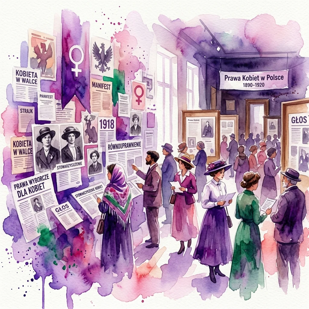 Watercolor illustration of an exhibition on women's rights in Poland, featuring visitors viewing historical documents, posters, and photographs from the late 19th and early 20th centuries, with symbolic purple, white, and green colors.