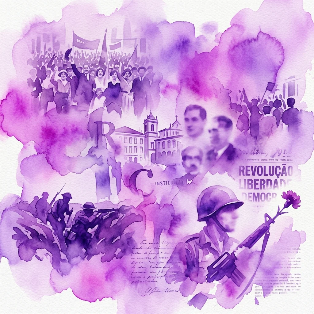 Una ilustración en acuarela púrpura que representa momentos clave de la historia portuguesa del siglo XX, incluida la Revolución de los Claveles, con elementos de texto como 'Revolução', 'Liberdade' y 'Democracia' e imágenes de soldados, multitudes y figuras históricas.
