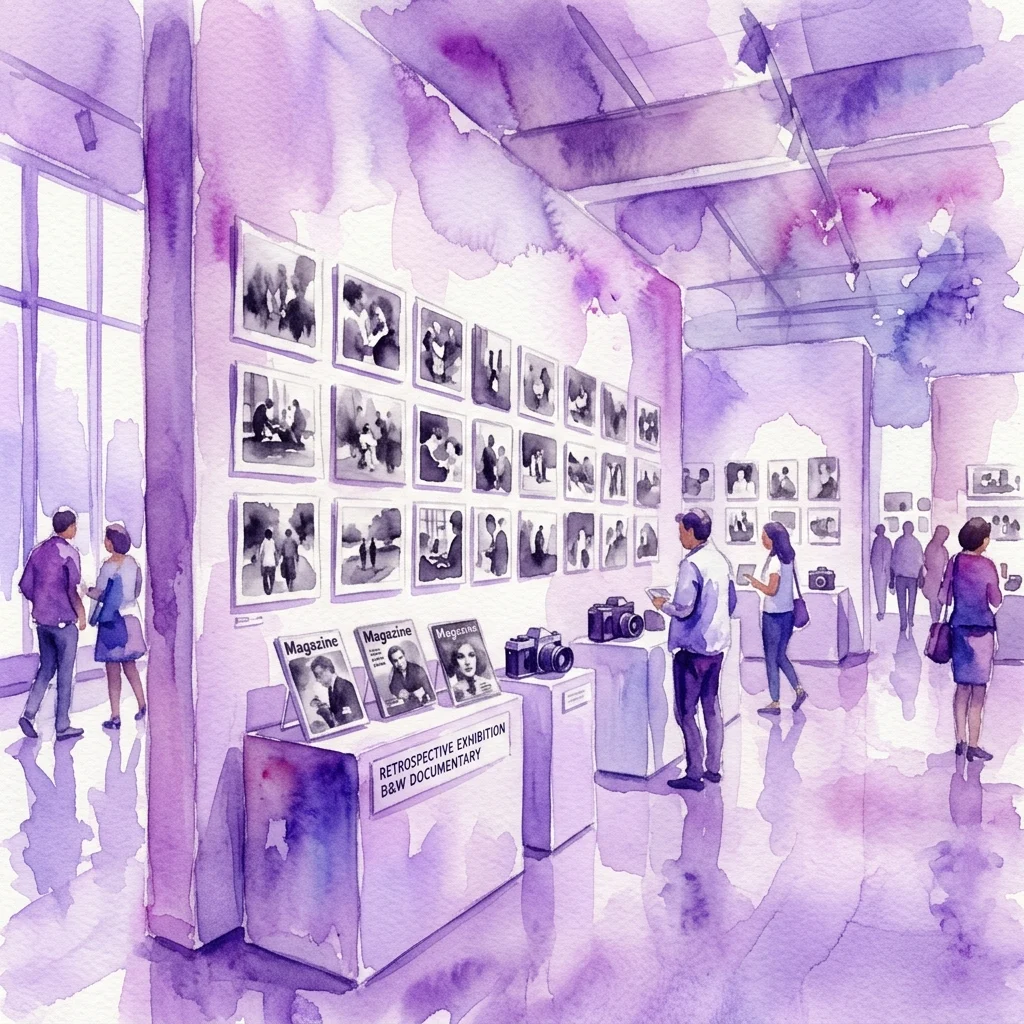Een aquarelillustratie van een galerie-expositie met zwart-witfoto's van Chris Niedenthal, bezoekers die de tentoonstelling bekijken en een bord met de tekst 'Retrospective Exhibition B&W Documentary'.
