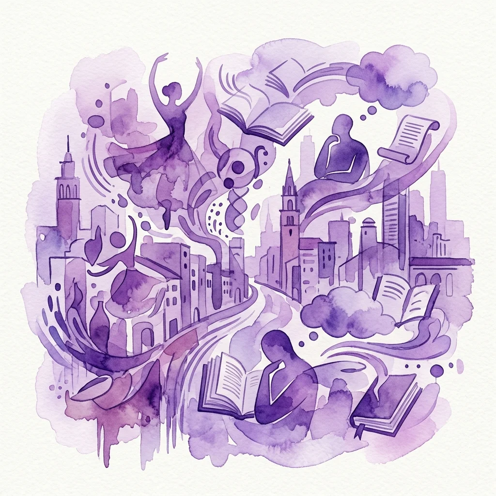 Una ilustración de acuarela morada que representa el patrimonio cultural inmaterial en Varsovia, con figuras leyendo, bailando y representaciones abstractas de tradiciones y arquitectura urbana entrelazadas.