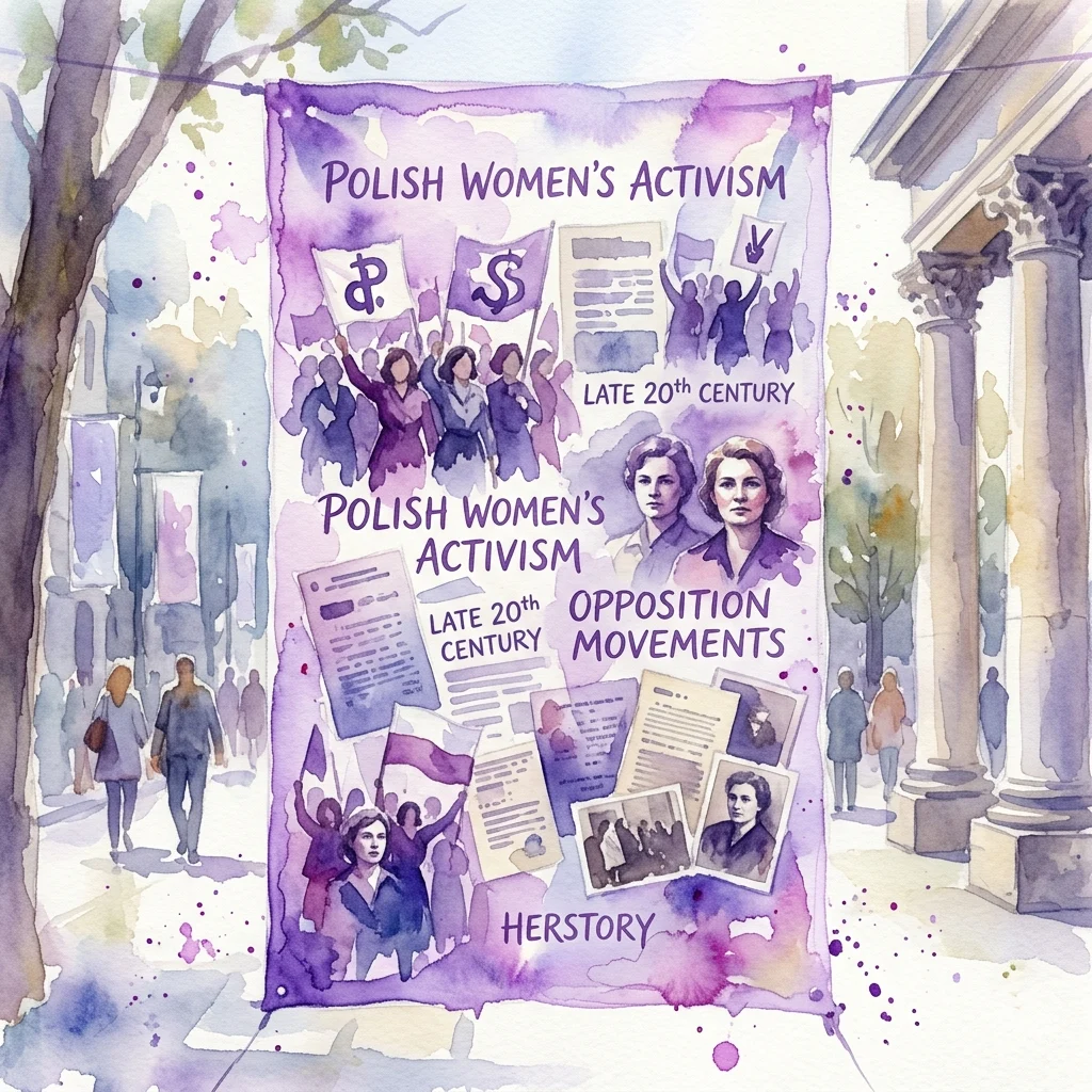 Baner wystawy plenerowej "Niepokorne 1976–1989" z ilustracjami akwarelowymi polskiego aktywizmu kobiet, ruchów opozycyjnych i dokumentów historycznych z końca XX wieku.