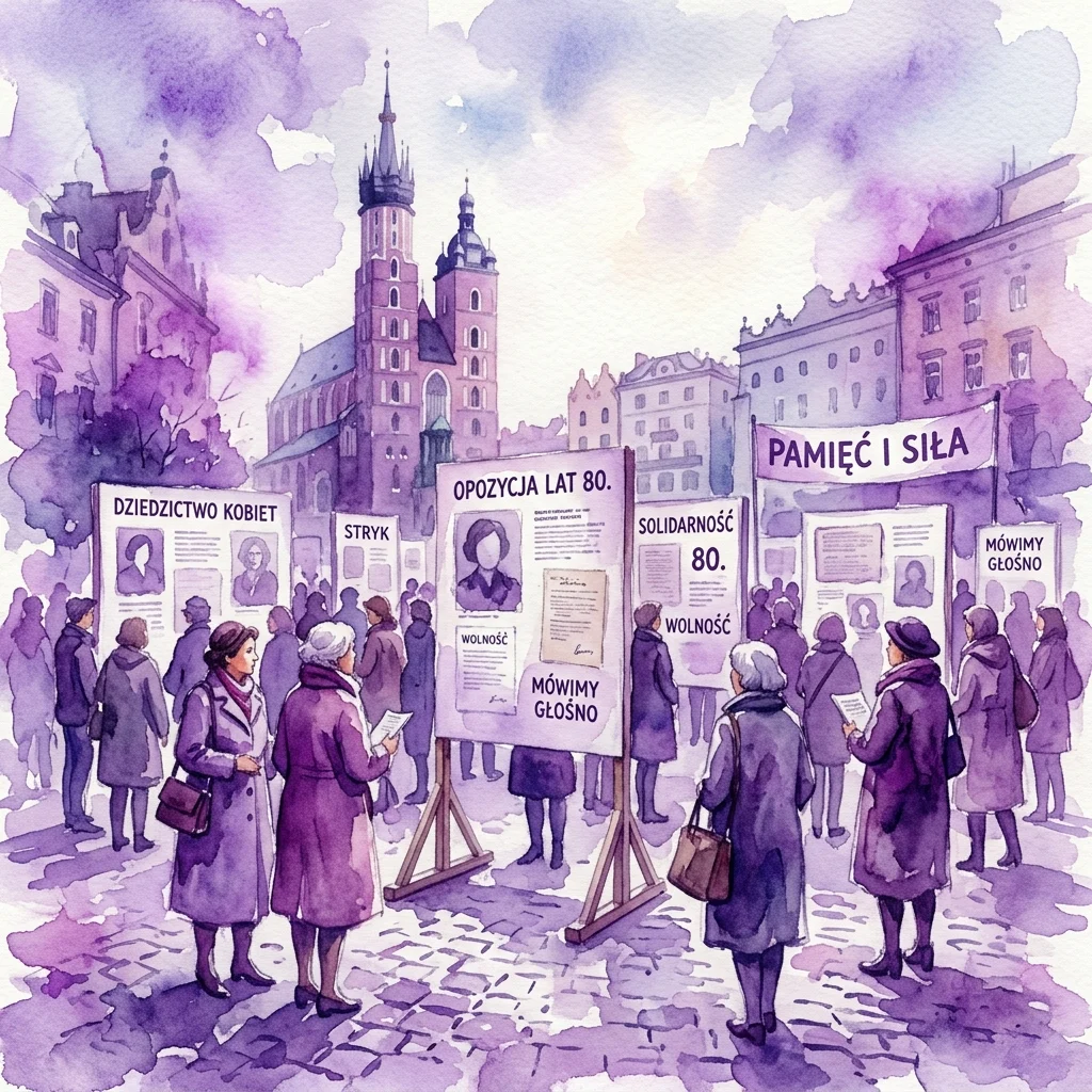 Watercolor illustration of an outdoor exhibition titled 'Niepokorne 2.0. Kobiety w opozycji lat 80.', featuring portraits and documents about women in the 1980s Polish opposition, with people viewing the displays in a historic square.