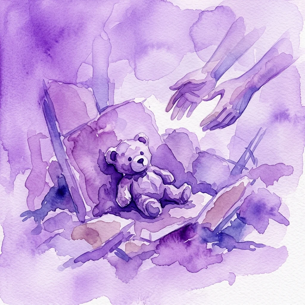 Een aquarelillustratie van een teddybeer te midden van puin met uitgestoken handen, die de menselijke tol en veerkracht in oorlog symboliseert, uit de tentoonstelling 'Not Collateral Damage'.