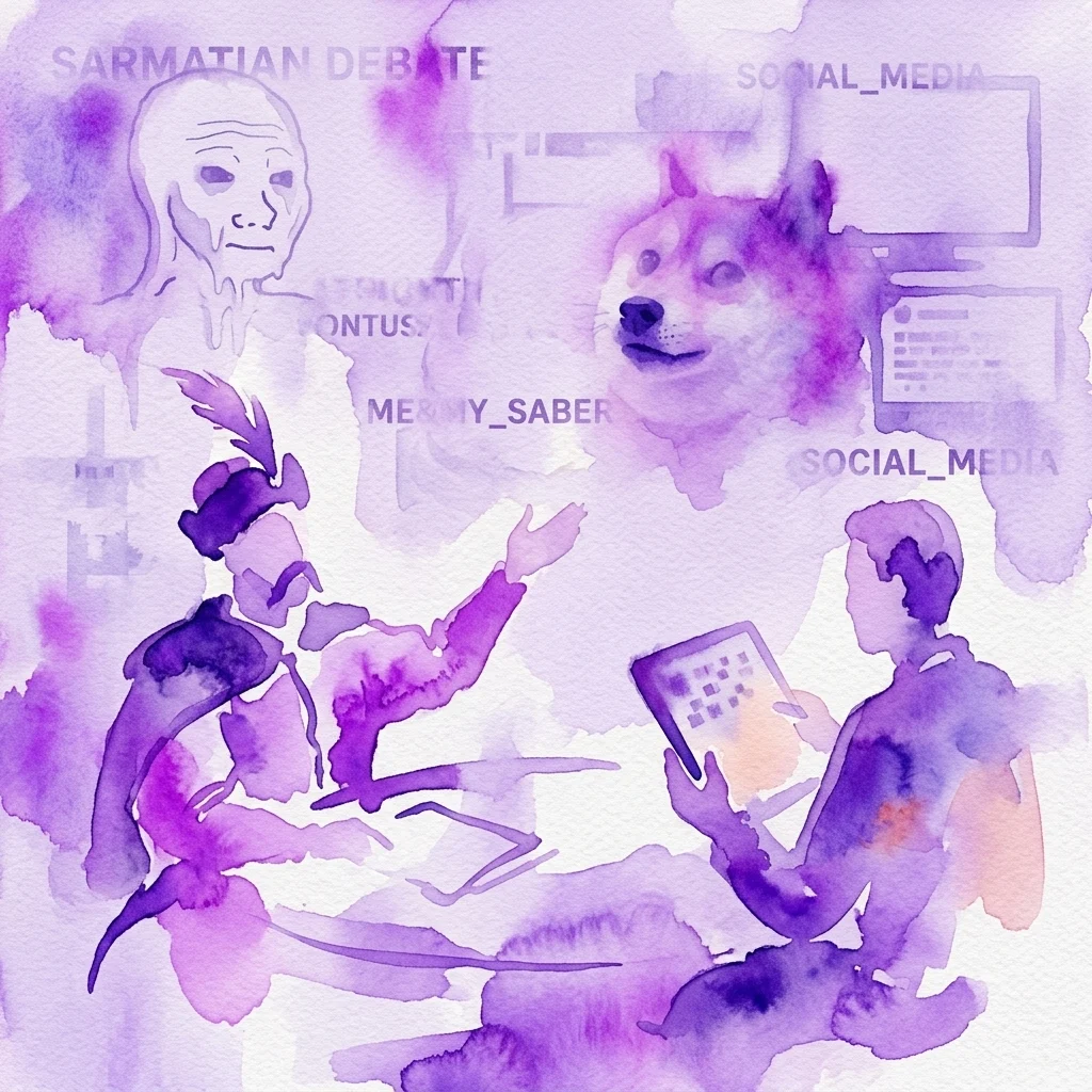 A purple watercolor illustration of a Sarmatian debate, featuring historical figures in traditional attire alongside modern elements like a Shiba Inu meme and digital screens, symbolizing the intersection of heritage and social media.