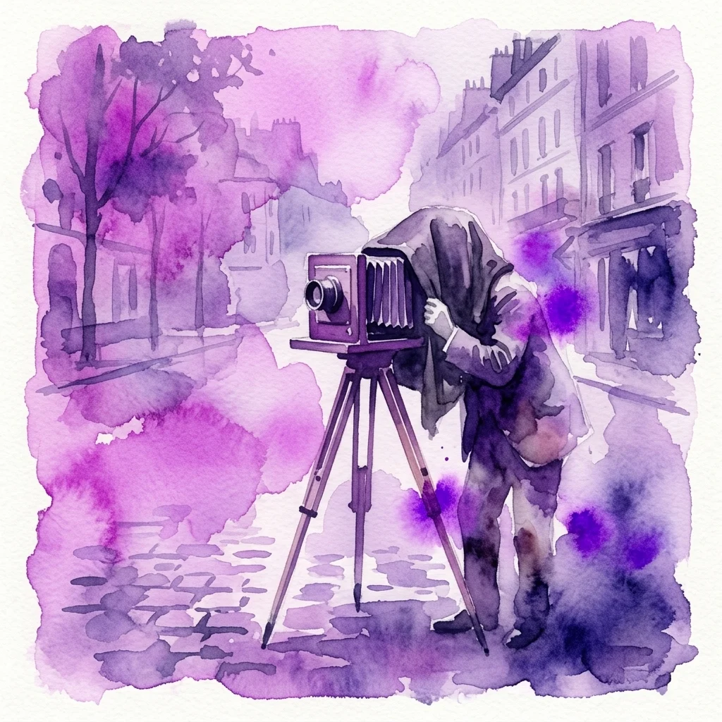 Una ilustración en acuarela de un fotógrafo usando una cámara vintage de gran formato en un trípode en una calle europea, evocando las aventuras fotográficas de Witold Marczewski de Bakú a París.