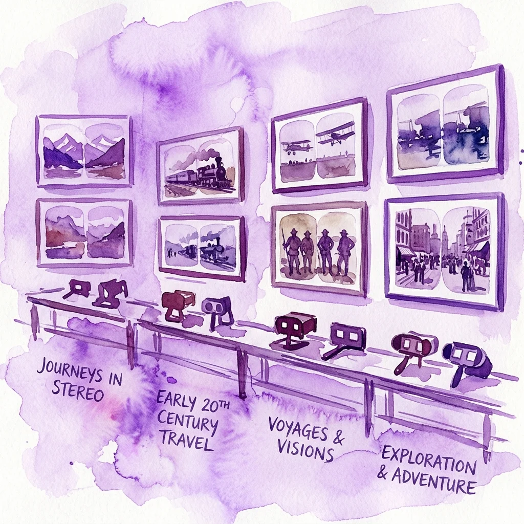 Watercolor illustration of an exhibition display featuring vintage stereoscopic photographs and viewers, with labels like 'Journeys in Stereo' and 'Early 20th Century Travel,' depicting early 20th-century exploration and adventure.
