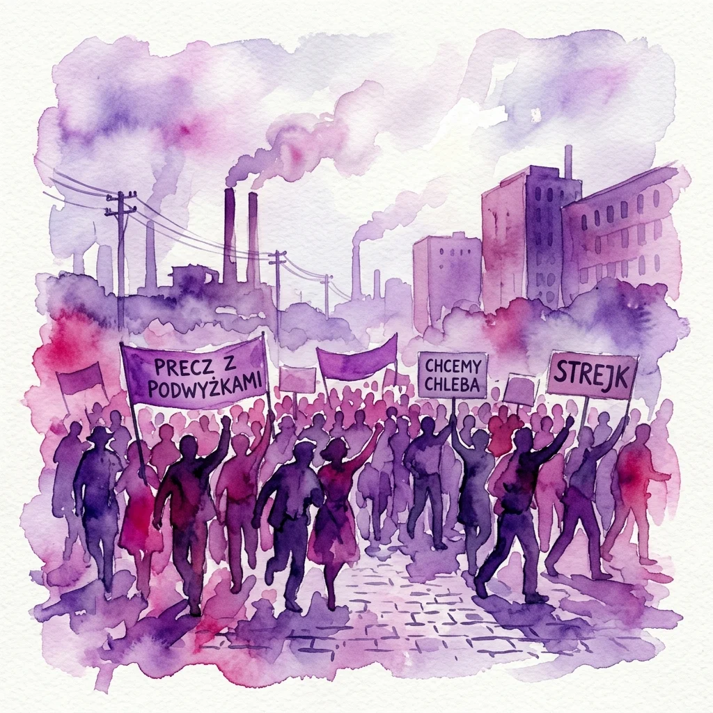 Ilustracja akwarelowa polskich robotników protestujących w czerwcu 1976, trzymających transparenty z napisami „PRECZ Z PODWYŻKAMI”, „CHCEMY CHLEBA” i „STREJK”, z industrialnymi budynkami i kominami w tle.
