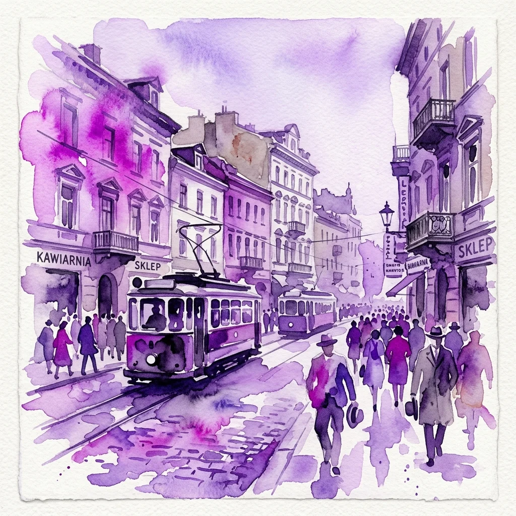 Una ilustración en acuarela de una bulliciosa calle de Varsovia de entreguerras, con tranvías, peatones y arquitectura de época en tonos morados y magenta.