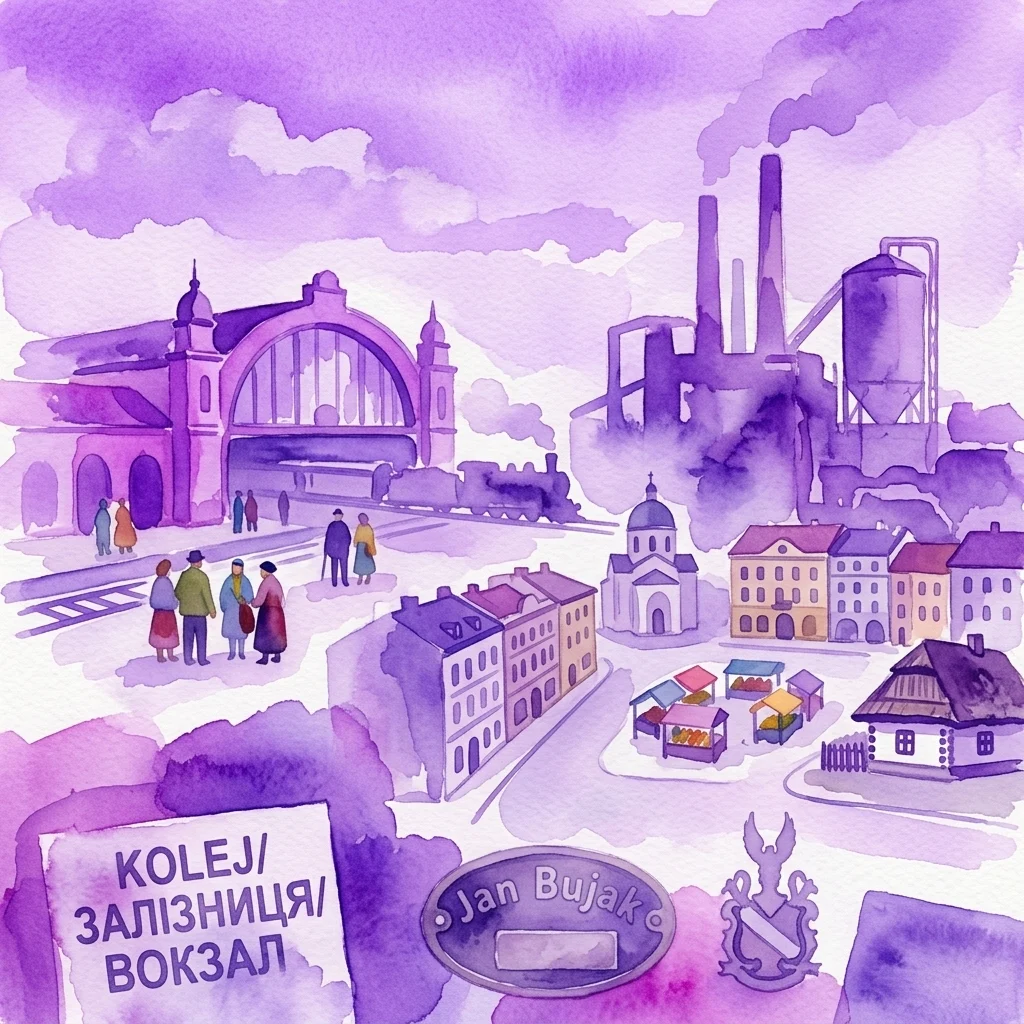 Ilustracja akwarelowa Zdołbunowa, wieloetnicznego miasteczka z okresu międzywojennego na Wołyniu, przedstawiająca jego stację kolejową, fabrykę cementu i zróżnicowaną społeczność Polaków, Ukraińców, Żydów, Czechów i Rosjan.