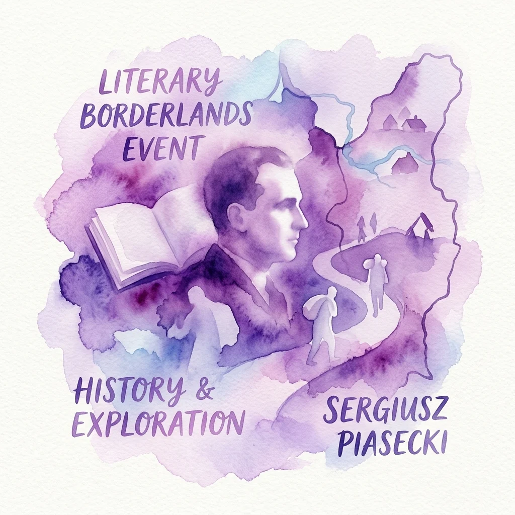 Watercolor illustration for a literary event featuring Sergiusz Piasecki, with a profile of the writer, an open book, and figures walking along a path through a map of the borderlands, evoking history and exploration.