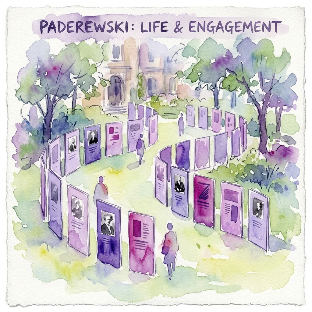 Ilustracja akwarelowa wystawy plenerowej pod tytułem 'Paderewski: Życie i Zaangażowanie', zawierająca 22 fioletowe panele ze zdjęciami i tekstem o pianiście i postaci politycznej Ignacym Janie Paderewskim, zlokalizowana w parku z drzewami i odwiedzającymi.