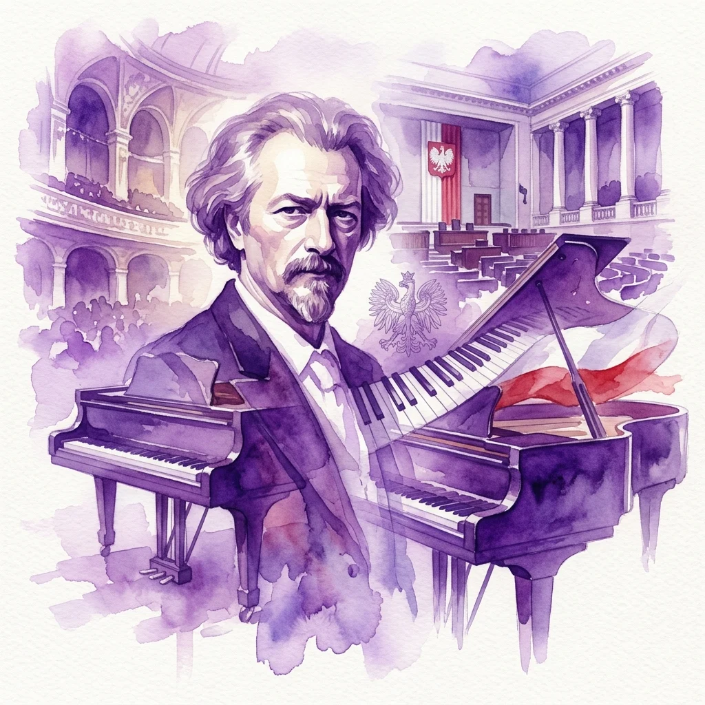A watercolor portrait of Ignacy Jan Paderewski, a renowned pianist and Polish statesman, depicted with a grand piano and the Polish eagle emblem, symbolizing his contributions to music and Poland's independence.