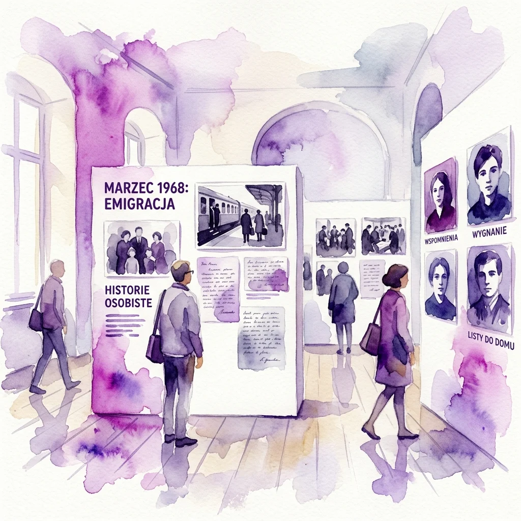 Ilustracja akwarelowa wystawy muzealnej pod tytułem 'Marzec 1968: Emigracja', prezentująca historyczne fotografie, osobiste listy i portrety, podczas gdy zwiedzający przyglądają się eksponatom.
