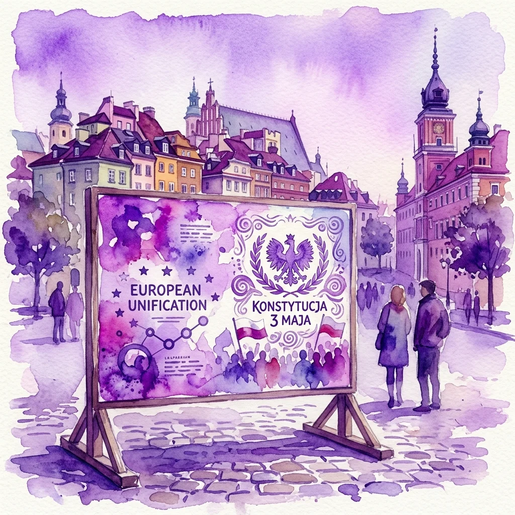 Panel de exposición al aire libre en Varsovia que conmemora el 190 aniversario de la 'Primera Constitución para Europa' de Wojciech Jastrzębowski, con texto sobre la unificación europea y un emblema de águila polaca.
