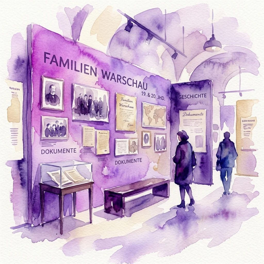 Ilustracja akwarelowa wystawy zatytułowanej 'Familien Warschau XIX i XX w.', przedstawiająca archiwalne fotografie, dokumenty i gablotę, a w przestrzeni galerii oglądających ją zwiedzających.