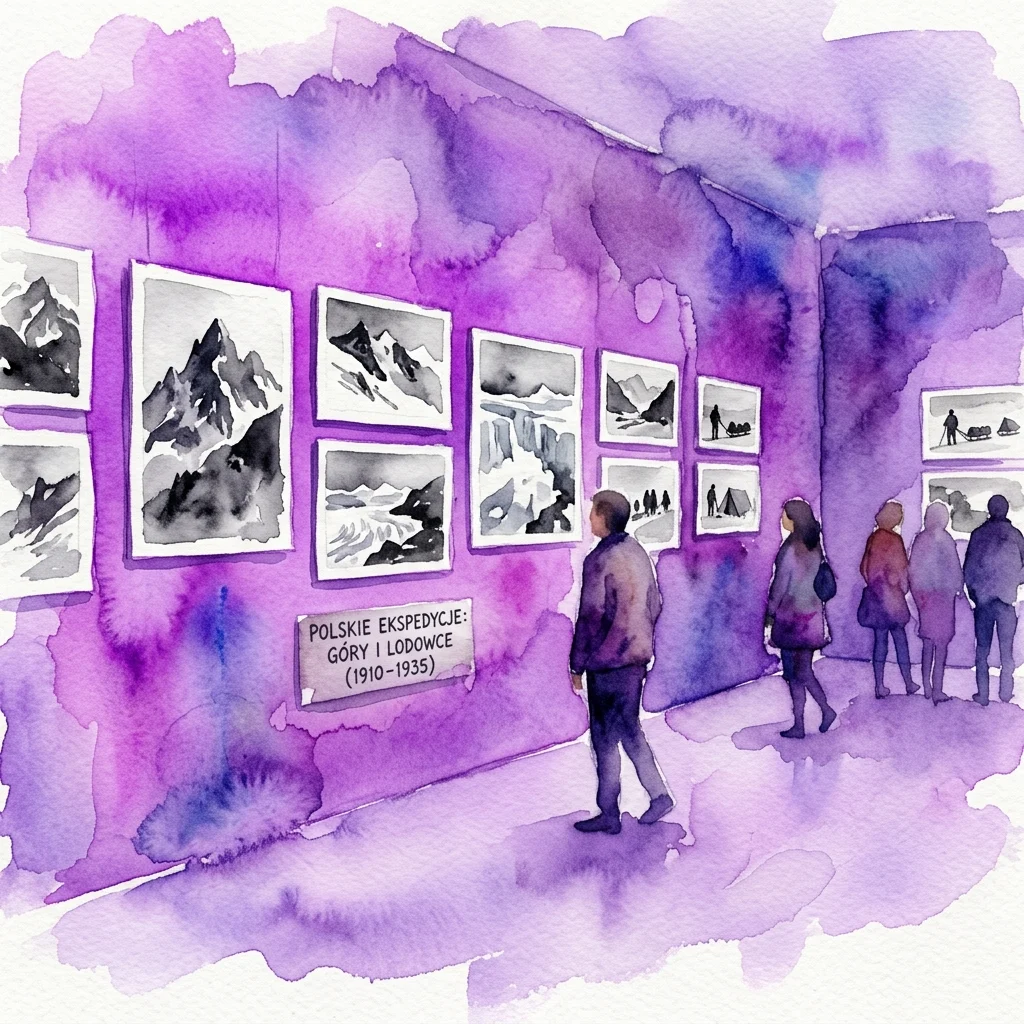 Watercolor illustration of an exhibition hall with visitors viewing black and white photographs of mountain and polar landscapes on purple walls.