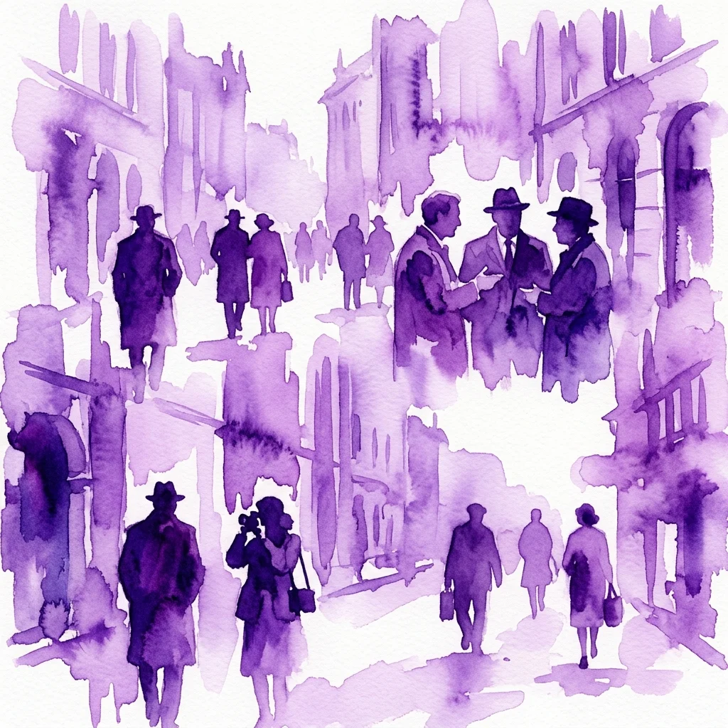 Una ilustración en acuarela morada que representa una bulliciosa escena callejera con personas vestidas al estilo de mediados del siglo XX, evocando la obra fotográfica de Wojciech Plewiński.
