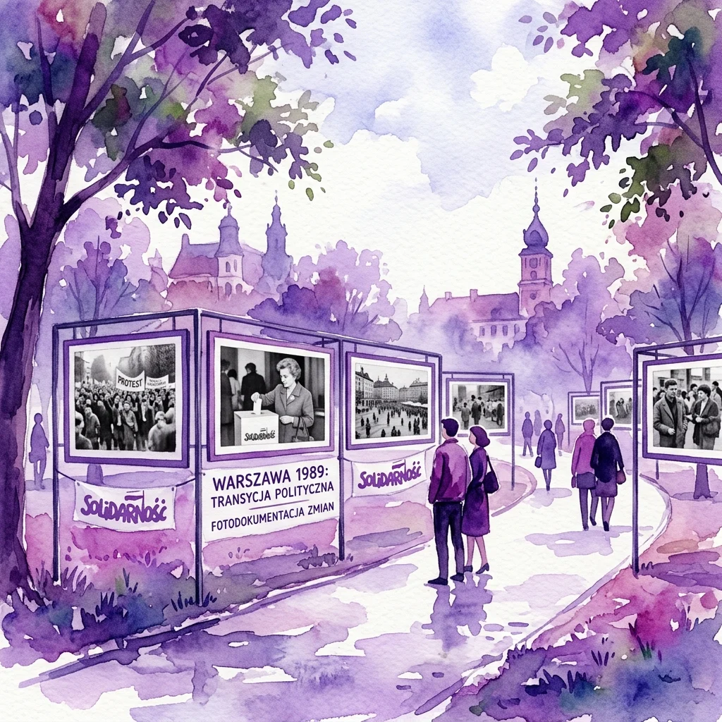 Ilustración en acuarela de una exposición fotográfica al aire libre en Varsovia, que presenta fotografías en blanco y negro de 1989 que representan protestas, elecciones y la vida cotidiana durante la transición política de Polonia, con visitantes observando las exhibiciones bajo árboles de tono púrpura.