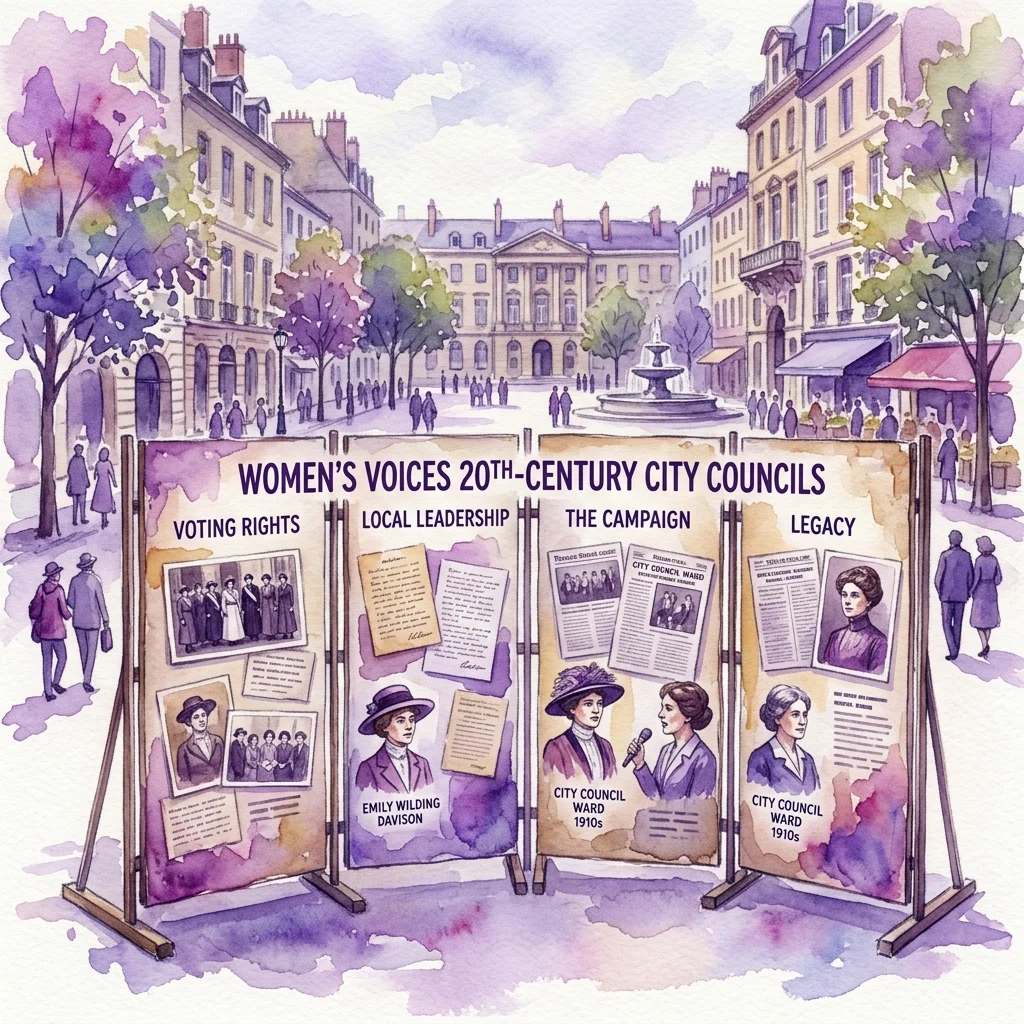 Ilustracja akwarelowa wystawy plenerowej zatytułowanej 'Women's Voices 20th-Century City Councils', prezentującej panele na temat praw wyborczych, lokalnego przywództwa, kampanii i dziedzictwa, umieszczonej na europejskim placu miejskim z zabytkowymi budynkami i fontanną.