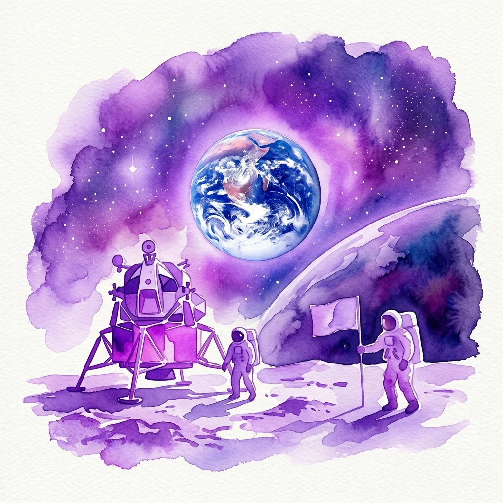 Watercolor illustration of astronauts on the Moon with a lunar module and Earth in the background, evoking the Apollo 11 mission and space exploration.