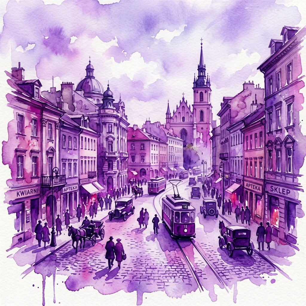 Tętniąca życiem akwarelowa ilustracja tętniącej życiem warszawskiej ulicy z lat 20. i 30. XX wieku, przedstawiająca tramwaj, zabytkowe samochody, dorożki konne i zabytkowe budynki z szyldami „KWIARNIA”, „APTEKA” i „SKLEP” pod niebem w fioletowym odcieniu.