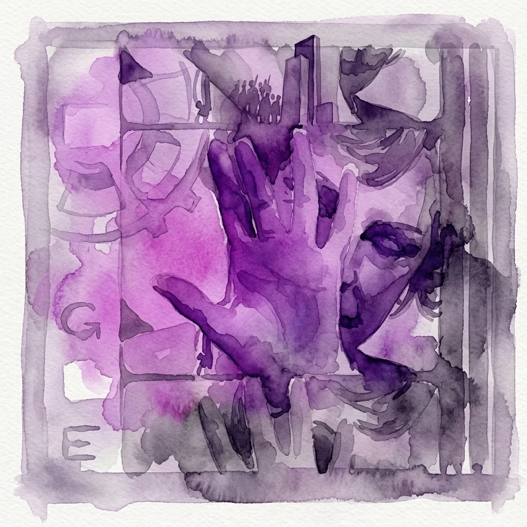 A watercolor artwork in purple and gray tones depicting a hand, abstract figures, and fragmented text, evoking themes of memory and legacy.