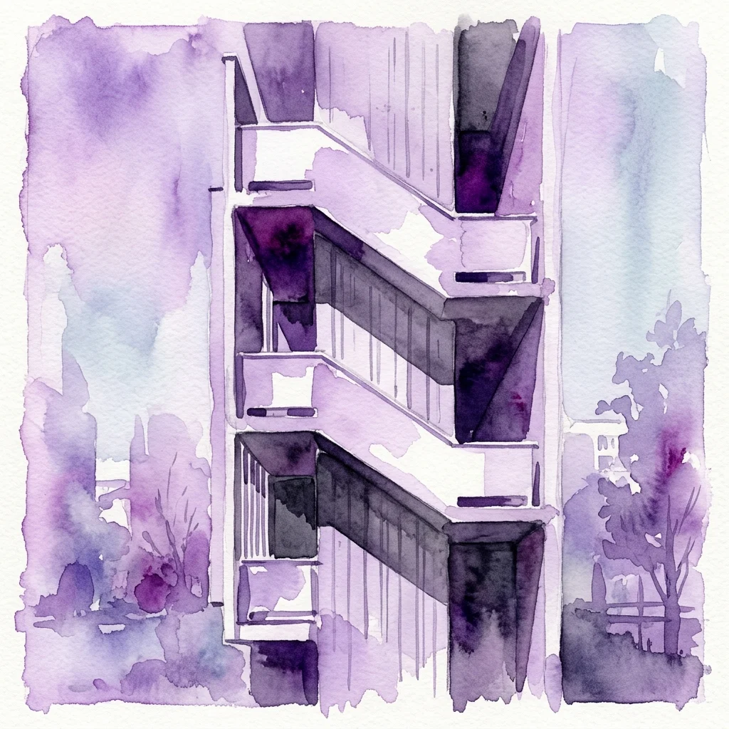 Ilustracja akwarelowa modernistycznego budynku w Warszawie, z geometrycznymi balkonami i paletą barw w odcieniach fioletu i błękitu, nawiązująca stylem do fotografii architektonicznej Czesława Olszewskiego.