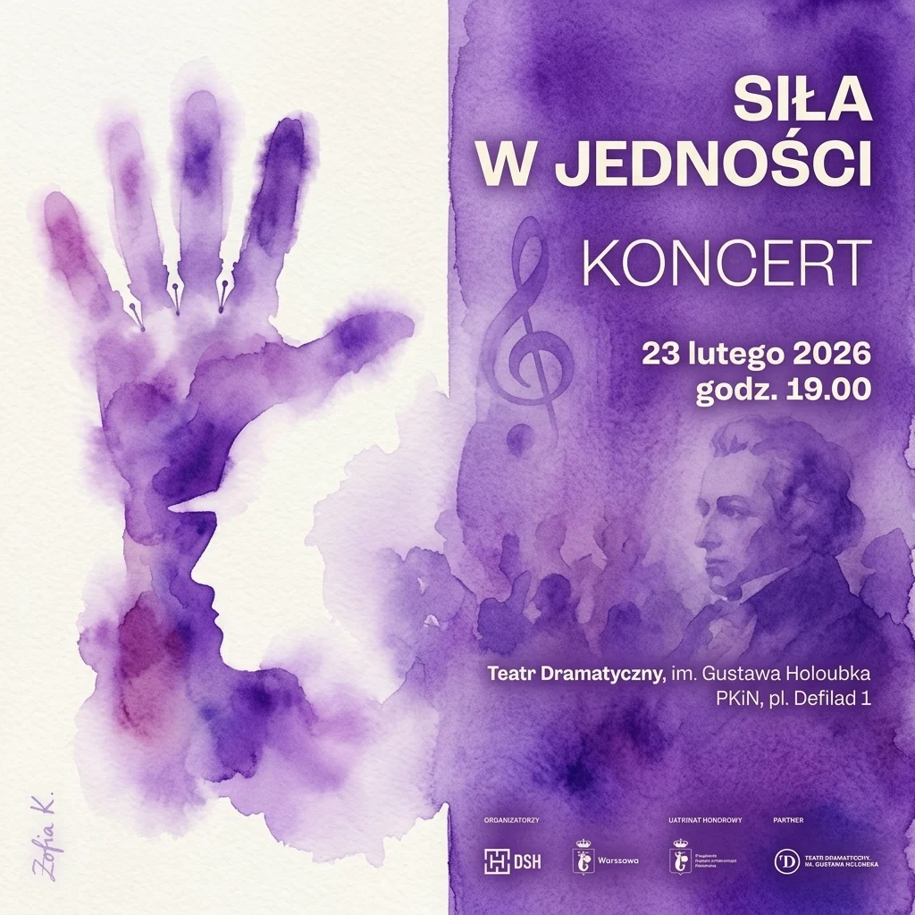 Póster de acuarela morada para el concierto "Sila w Jednosci" que conmemora el 50 aniversario de KOR, con una huella de mano con plumillas, una nota musical y un retrato, celebrado en el Teatr Dramatyczny de Varsovia el 23 de febrero de 2026.