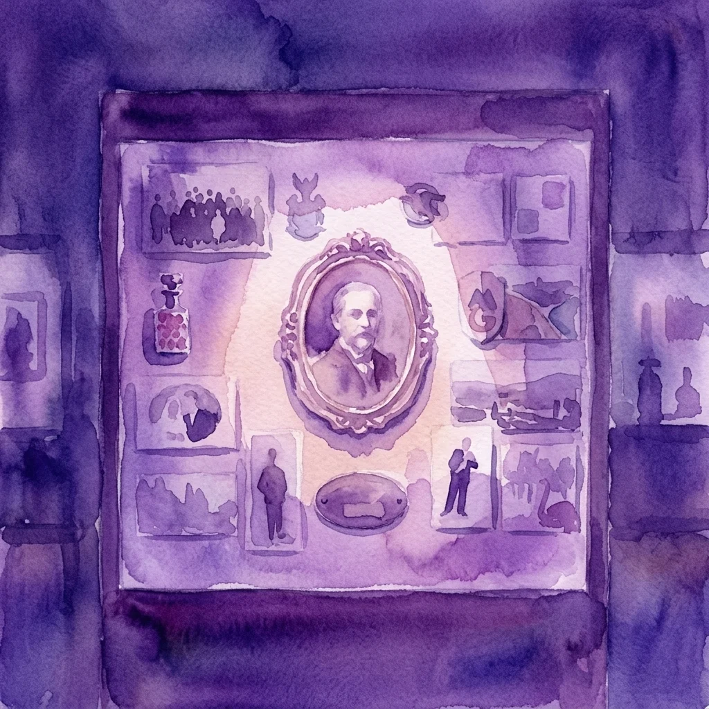 A watercolor illustration of a museum display case featuring a central portrait of Igor Chomyn, surrounded by Polish art objects from Lviv, commemorating his legacy.