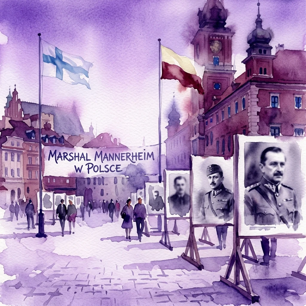 Watercolor illustration of a historical exhibition in Warsaw featuring portraits of Marshal Mannerheim, with Finnish and Polish flags, commemorating his time in Poland.