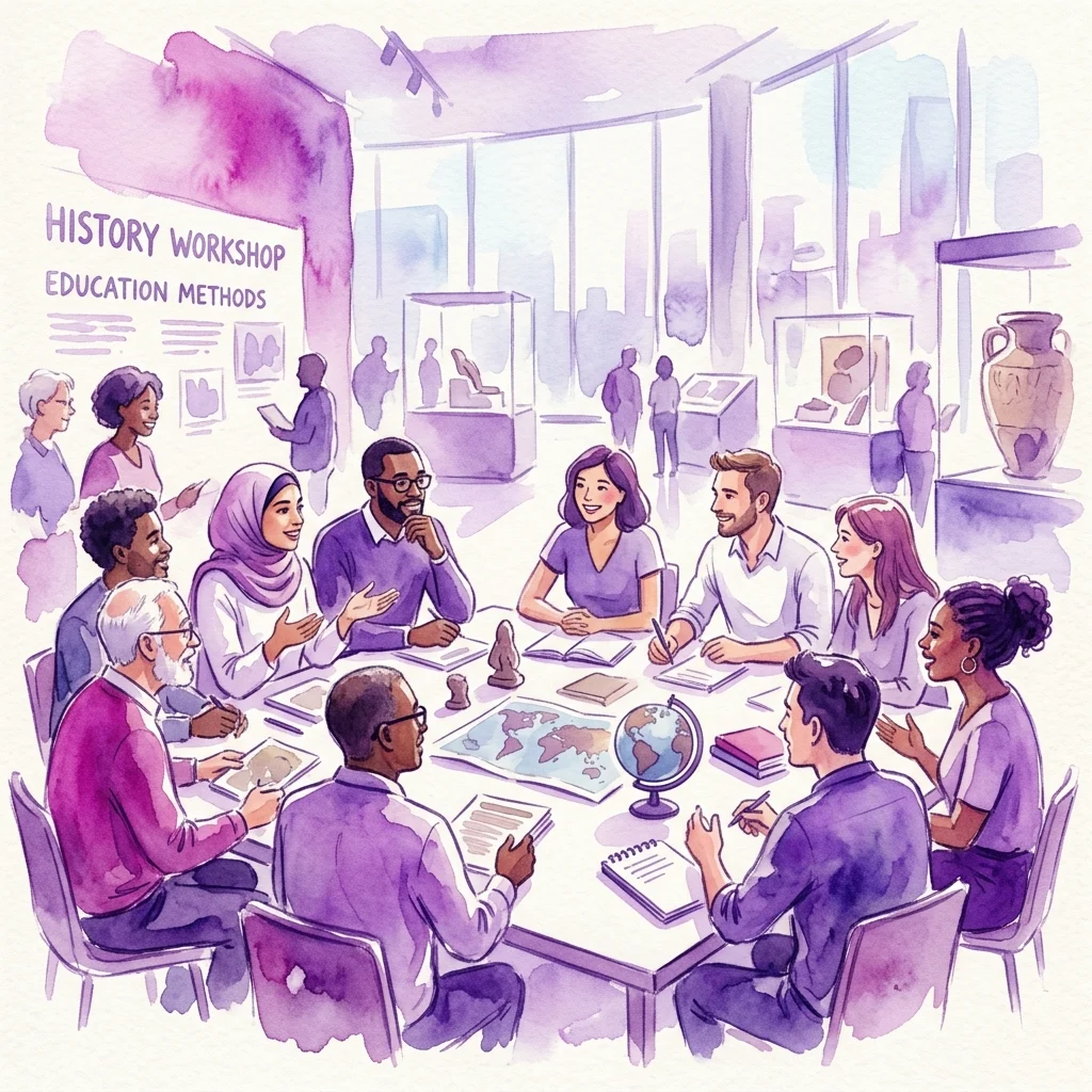 Grupo diverso de profesores participando en un taller de historia en un museo, discutiendo métodos de educación alrededor de una mesa con un globo terráqueo y documentos.