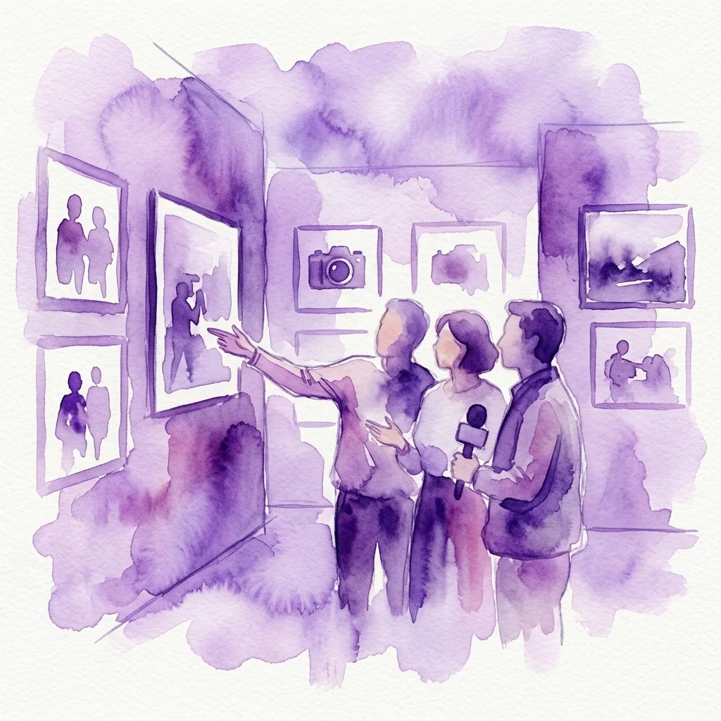 Aquarelatte illustratie van een galerie-evenement met fotojournalisten Agata Grzybowska en Jędrzej Nowicki die documentair fotografie bespreken, met bezoekers die ingelijste foto's bekijken en een camera-kunstwerk dat wordt tentoongesteld.