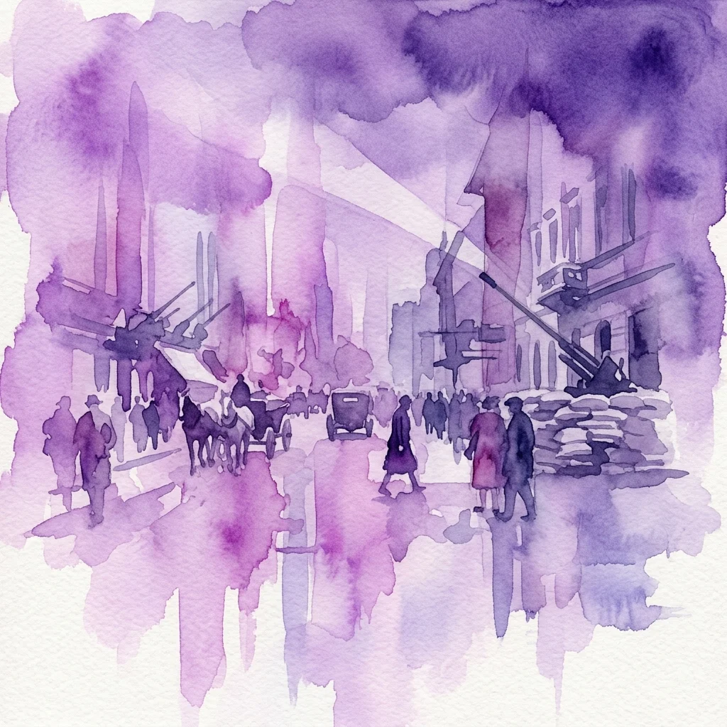Een aquarelillustratie in paarse tinten die het vooroorlogse Warschau afbeeldt met burgers, paardenkoetsen en luchtafweergeschut, wat het contrast tussen het dagelijks leven en de oorlogsvoorbereidingen symboliseert.