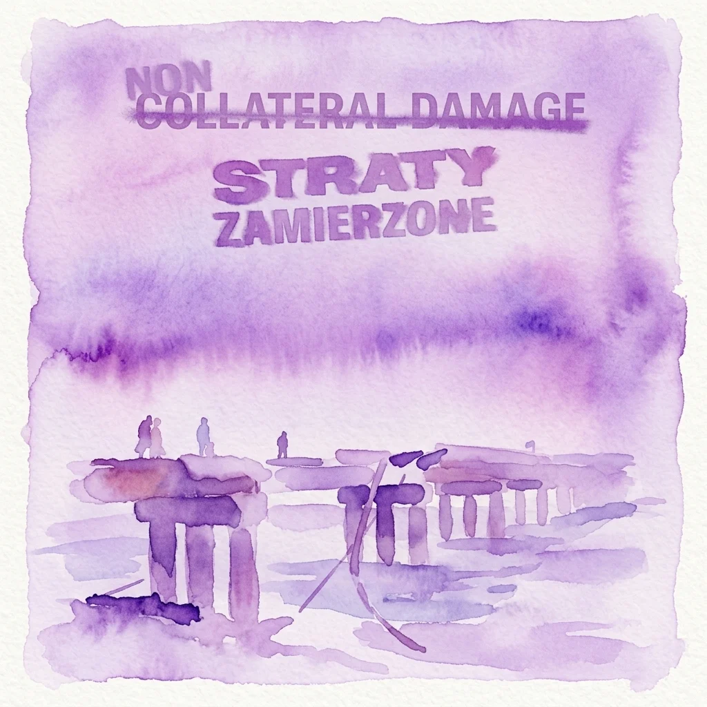Ilustracja akwarelowa zniszczonego mostu z sylwetkami postaci, zatytułowana „NON COLLATERAL DAMAGE STRATY ZAMIERZONE” fioletowym tekstem, przedstawiająca wystawę o ludzkim wpływie wojny na Ukrainie.