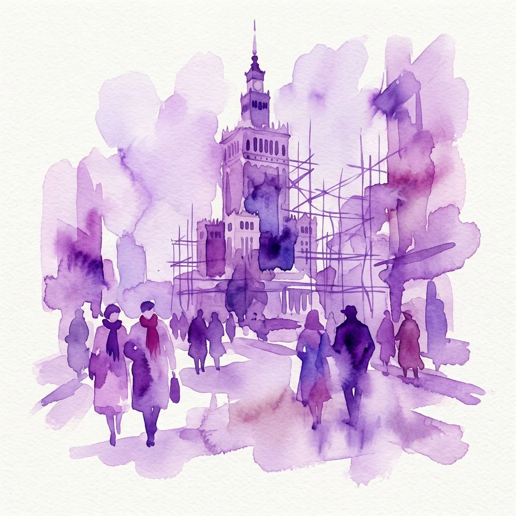 Una ilustración en acuarela púrpura del Palacio de la Cultura y la Ciencia de Varsovia en construcción, con gente caminando en primer plano, evocando la era de reconstrucción de posguerra de la ciudad.