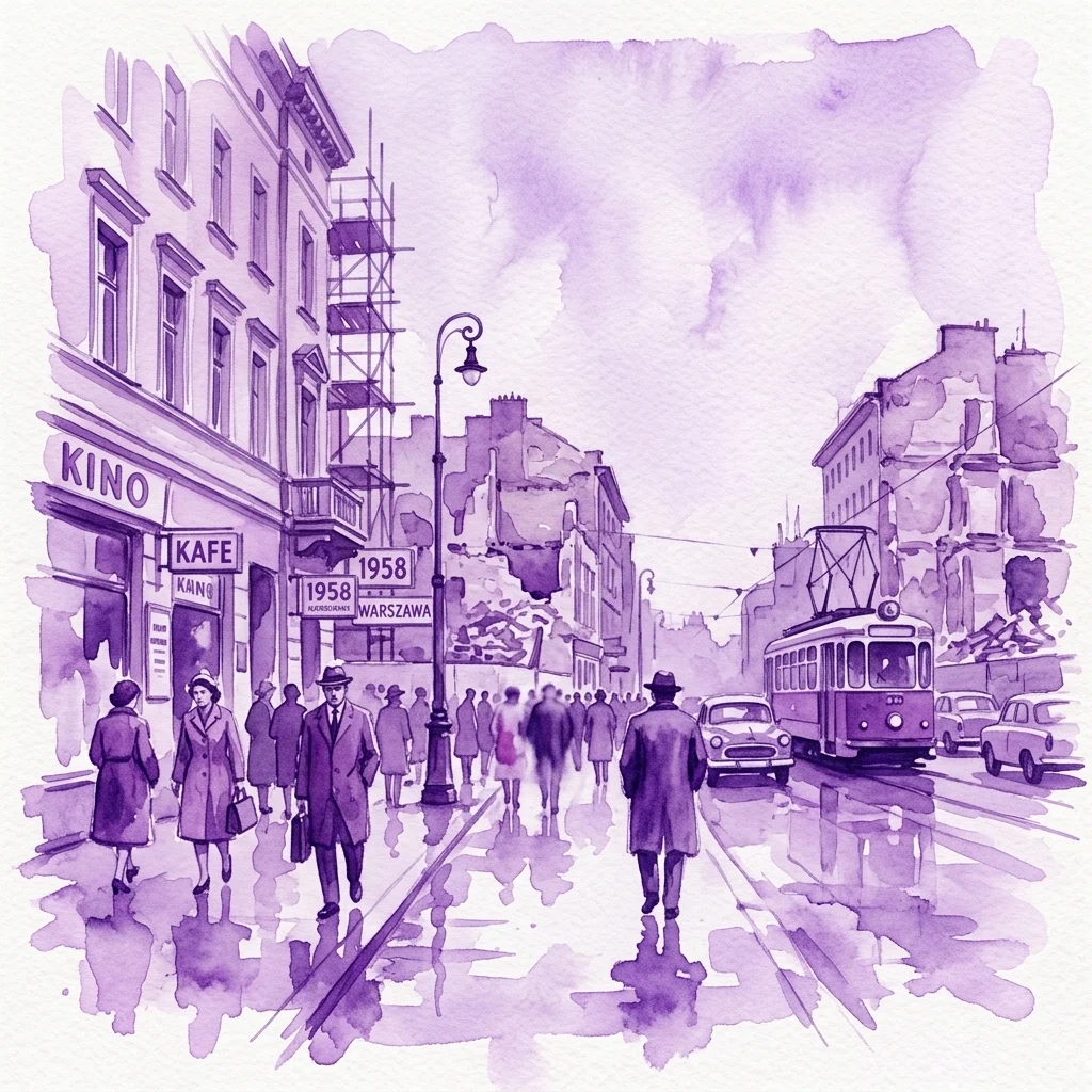 Een paarse aquarelillustratie van een straatbeeld in Warschau in de jaren vijftig, met voetgangers, een tram, vintage auto's en gebouwen onder reconstructie, die het naoorlogse tijdperk oproept.